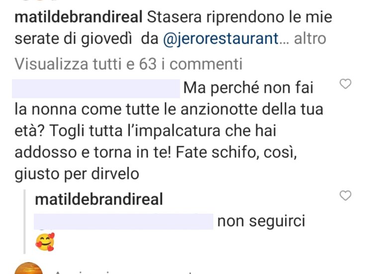 Il commento e la replica di Matilde Brandi (immagine screenshot profilo IG Brandi) - belligea.it