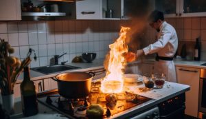 Pentola in fiamme in cucina