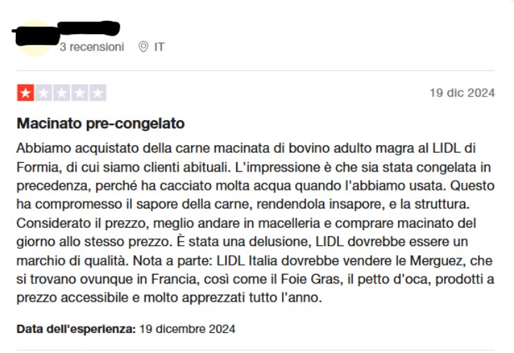 Recensione della carne Lidl su Trustpilot 